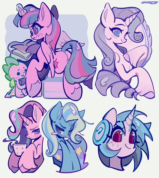 Size: 3300x3700 | Tagged: safe, artist:yanyannonoz, derpibooru import, rarity, spike, starlight glimmer, trixie, twilight sparkle, twilight sparkle (alicorn), vinyl scratch, alicorn, dragon, pony, unicorn, :d, blush sticker, blushing, book, chibi, cup, female, headphones, horn, image, jpeg, magic, mare, mirror, open mouth, open smile, simple background, smiling, teacup, telekinesis, white background