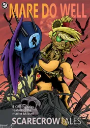 Size: 2000x2829 | Tagged: semi-grimdark, artist:uniomie, derpibooru import, applejack, mare do well, bird, crow, earth pony, pony, g4, batman, clothes, comic cover, corn, costume, cover, cover art, dc comics, food, halloween, halloween costume, holiday, image, inktober, inktober 2024, mare do well costume, nightmare night, nightmare night costume, pitchfork, png, scarecrow, skull, solo