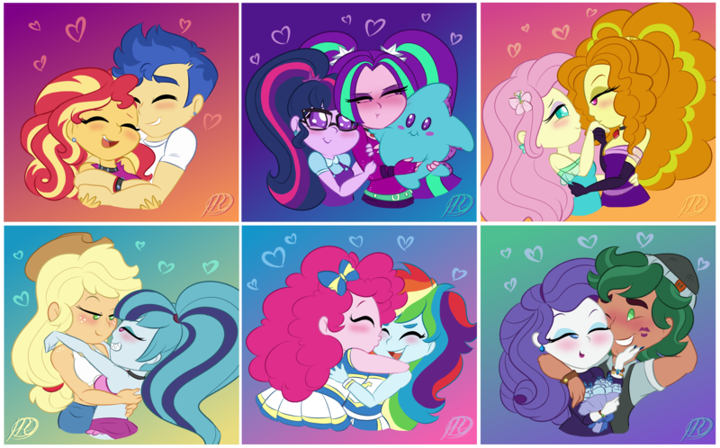 Size: 5033x3136 | Tagged: safe, artist:purfectprincessgirl, derpibooru import, adagio dazzle, applejack, aria blaze, flash sentry, fluttershy, pinkie pie, rainbow dash, rarity, sci-twi, sonata dusk, sunset shimmer, timber spruce, twilight sparkle, human, equestria girls, g4, blushing, female, flashimmer, grin, hug, humane five, humane seven, humane six, image, kiss mark, kiss on the cheek, kissing, lesbian, lipstick, looking at each other, looking at someone, male, open mouth, open smile, pinkiedash, plushie, png, sharp teeth, shipping, shyagio, smiling, smiling at each other, sonatajack, sparkleblaze, straight, teeth, the dazzlings, timberity, tsundaria, tsundere