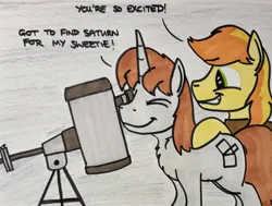 Size: 2048x1551 | Tagged: safe, artist:hoofclid, derpibooru import, braeburn, oc, oc:hoofclid, earth pony, pony, unicorn, g4, canon x oc, chest fluff, duo, duo male, gay, hatless, horn, image, jpeg, male, marker drawing, missing accessory, one eye closed, shipping, smiling, stallion, telescope, traditional art