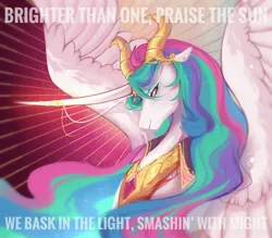 Size: 4000x3500 | Tagged: safe, artist:flesh, derpibooru import, princess celestia, alicorn, pony, bust, female, gradient background, image, jewelry, jpeg, mare, portrait, red background, regalia, simple background, solo, spread wings, sunburst background, text, wings