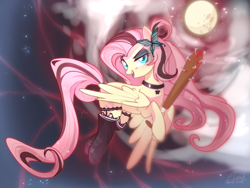 Size: 4000x3000 | Tagged: safe, artist:flesh, derpibooru import, fluttershy, pegasus, pony, baseball bat, blood, butterfly hairpin, clothes, female, gradient background, image, lingerie, looking at you, mare, moon, nail bat, nails, night, png, socks, solo, thigh highs, two toned mane