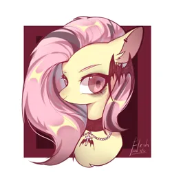 Size: 2000x2000 | Tagged: safe, artist:flesh, derpibooru import, fluttershy, bat pony, pony, bat hairclip, bat ponified, bust, choker, cross, cross necklace, female, flutterbat, image, jewelry, mare, necklace, passepartout, png, portrait, race swap, smiling, solo, text, two toned mane