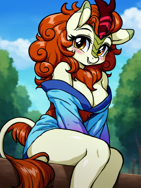 Size: 1872x2496 | Tagged: suggestive, ai content, derpibooru import, machine learning generated, prompter:bendy and boney, stable diffusion, autumn blaze, anthro, kirin, g4, breasts, busty autumn blaze, cleavage, clothes, female, generator:pony diffusion v6 xl, image, kimono (clothing), looking at you, off shoulder, outdoors, png, sitting, smiling, smiling at you, solo, solo female, tree