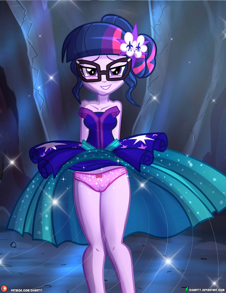 Size: 1500x1942 | Tagged: questionable, artist:dieart77, derpibooru import, sci-twi, twilight sparkle, equestria girls, g4, alternate hairstyle, blushing, cameltoe, clothes, dress, female, flower, flower in hair, glasses, hair bun, image, jpeg, looking at you, panties, panty shot, polka dot underwear, skirt, smiling, smiling at you, solo, underwear, upskirt, wardrobe malfunction