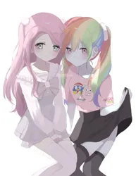 Size: 2264x2932 | Tagged: safe, artist:cc22_m, derpibooru import, fluttershy, rainbow dash, human, equestria girls, g4, blushing, bowtie, clothes, collarbone, collared shirt, dress, image, jpeg, long sleeves, looking at you, pigtails, pleated skirt, shirt, simple background, sitting, skirt, skirt lift, smiling, socks, t-shirt, text, thigh highs, twintails, white background