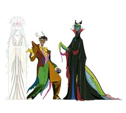 Size: 5374x4820 | Tagged: safe, artist:bixels, derpibooru import, discord, princess celestia, queen chrysalis, deity, human, mantis, g4, absurd resolution, antlers, bowtie, braless, cane, clothes, dress, eyebrows, fangs, female, gown, grin, horn, horned humanization, humanized, image, insectoid, jpeg, male, mismatched clothes, moderate dark skin, multiple faces, raised eyebrow, simple background, smiling, snaggletooth, the grand galloping 20s, trio, white background, zoot suit