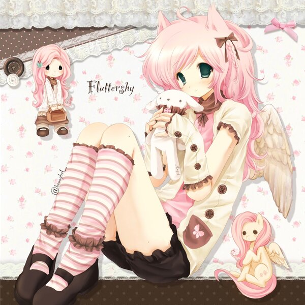 Size: 2048x2048 | Tagged: safe, artist:bonnybel_, derpibooru import, fluttershy, anthro, pegasus, pony, 2000s, anime style, bow, chibi, clothes, green eyes, hair bow, holding, image, jpeg, kneesocks, looking at you, lying down, pink hair, plushie, shirt, shoes, side, sitting, socks