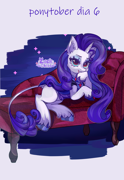 Size: 1984x2880 | Tagged: safe, artist:zackchibi, derpibooru import, rarity, classical unicorn, pony, unicorn, g4, blood, clothes, cloven hooves, colored hooves, costume, ear fluff, fainting couch, fangs, female, high res, hock fluff, hooves, horn, image, leonine tail, looking at you, lying down, mare, missing cutie mark, nightmare night costume, png, ponytober, side, smiling, smiling at you, solo, unshorn fetlocks, vampire costume