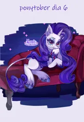 Size: 1984x2880 | Tagged: safe, artist:zackchibi, derpibooru import, rarity, classical unicorn, pony, unicorn, g4, blood, clothes, cloven hooves, colored hooves, costume, ear fluff, fainting couch, fangs, female, high res, hock fluff, hooves, horn, image, leonine tail, looking at you, lying down, mare, missing cutie mark, nightmare night costume, png, ponytober, side, smiling, smiling at you, solo, unshorn fetlocks, vampire costume