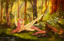 Size: 4000x2588 | Tagged: safe, artist:aquagalaxy, derpibooru import, fluttershy, bird, pegasus, pony, g4, beautiful, female, flower, forest, grass, image, lying down, mare, nature, outdoors, png, prone, scenery, smiling, solo, spread wings, tail, tree, wings