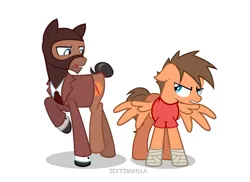 Size: 2000x1454 | Tagged: safe, artist:zeffdakilla, derpibooru import, ponified, earth pony, pegasus, pony, g4, angry, bandage, clothes, disgusted, father and child, father and son, image, looking at each other, looking at someone, male, mask, png, raised hoof, raised leg, scout, simple background, spread wings, spy, suit, team fortress 2, white background, wings