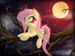 Size: 4000x3000 | Tagged: safe, artist:spidershii, derpibooru import, fluttershy, bat pony, pony, bats!, g4, bat ponified, bat wings, ear fluff, female, flutterbat, flying, full moon, high res, image, jpeg, lying down, mare, moon, night, night sky, outdoors, race swap, sky, slit pupils, solo, stars, tail, tree, tree branch, wings