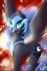 Size: 2000x3000 | Tagged: safe, artist:spidershii, derpibooru import, nightmare moon, alicorn, pony, g4, concave belly, female, helmet, high res, horn, image, jpeg, mare, slit pupils, smiling, solo, spread wings, wings