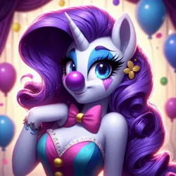 Size: 1024x1024 | Tagged: suggestive, ai content, derpibooru import, machine learning generated, prompter:heydude5321, rarity, anthro, pony, unicorn, g4, balloon, bowtie, bracelet, breasts, clothes, clown, clown makeup, clown nose, female, flower, flower in hair, generator:bing image creator, generator:dall-e 3, horn, image, jewelry, jpeg, makeup, mare, solo