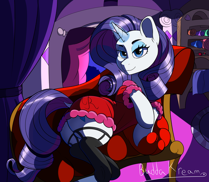 Size: 4600x4000 | Tagged: safe, artist:buddakream, derpibooru import, rarity, unicorn, bathrobe, clothes, fainting couch, glow, glowing horn, horn, image, png, robe, socks, stockings, thigh highs