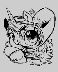 Size: 2160x2700 | Tagged: safe, artist:twillow, derpibooru import, izzy moonbow, pony, unicorn, g5, crystal ball, female, gray background, grayscale, high res, horn, image, looking at you, mare, monochrome, open mouth, open smile, png, simple background, smiling, smiling at you, solo, unitober 2024