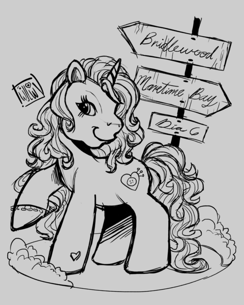 Size: 2160x2700 | Tagged: safe, artist:twillow, derpibooru import, izzy moonbow, pony, unicorn, g3, g5, female, g5 to g3, generation leap, gray background, grayscale, high res, horn, image, looking at you, mare, monochrome, png, road sign, simple background, smiling, smiling at you, solo, unitober 2024