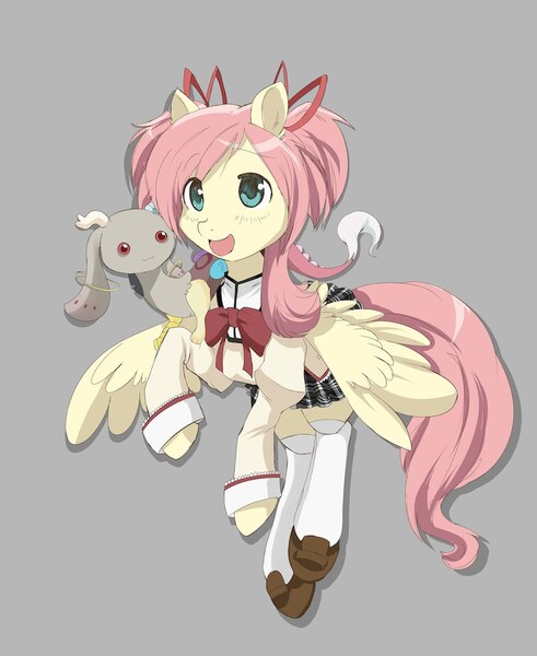 Size: 794x970 | Tagged: safe, artist:jitterbugscorner, derpibooru import, fluttershy, pegasus, pony, clothes, cosplay, costume, image, incubator (species), jpeg, kyubey, madoka kaname, magical girl, puella magi madoka magica, school uniform, uniform