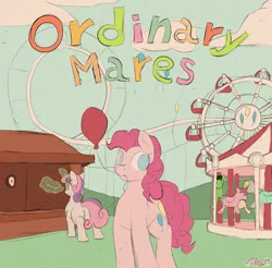 Size: 1384x1363 | Tagged: safe, artist:ricy, ponerpics import, pinkie pie, sweetie belle, earth pony, pony, unicorn, amusement park, background, balloon, carousel, cloud, dart, female, ferris wheel, filly, image, mare, mouth hold, png, reference, tongue out