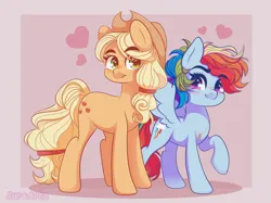 Size: 2732x2048 | Tagged: safe, artist:kuroartss, derpibooru import, applejack, rainbow dash, earth pony, pegasus, pony, g4, appledash, applejack's hat, blush sticker, blushing, cowboy hat, duo, duo female, eyebrows, eyebrows visible through hair, female, hat, heart, heart eyes, high res, image, lesbian, mare, png, ponytober, ponytober 2024, raised hoof, shipping, smiling, spread wings, tail, wingding eyes, wings