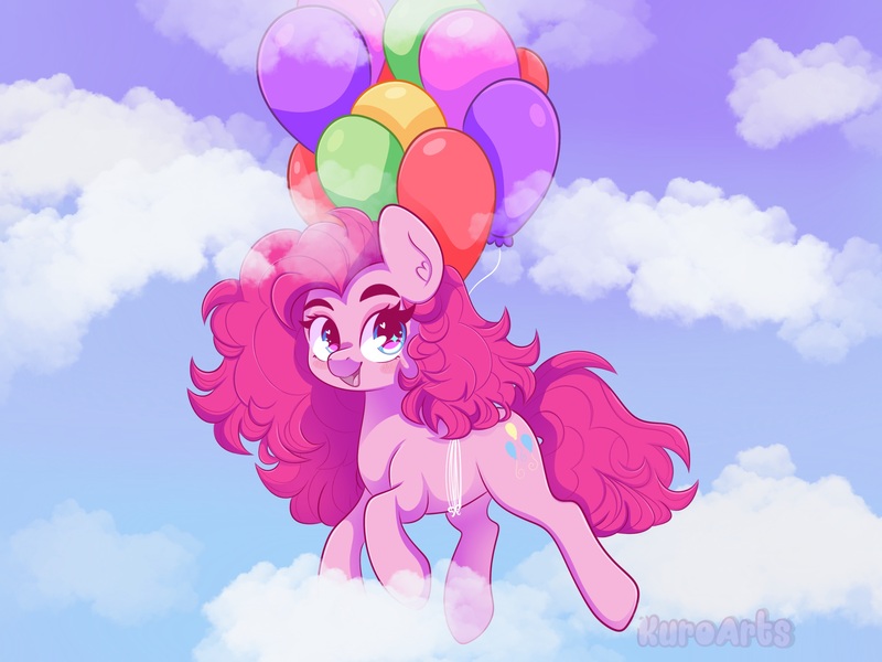 Size: 2732x2048 | Tagged: safe, artist:kuroartss, derpibooru import, pinkie pie, earth pony, pony, g4, balloon, cloud, ear fluff, female, floating, heart, heart eyes, high res, image, jpeg, mare, open mouth, open smile, outdoors, sky, smiling, solo, then watch her balloons lift her up to the sky, wingding eyes