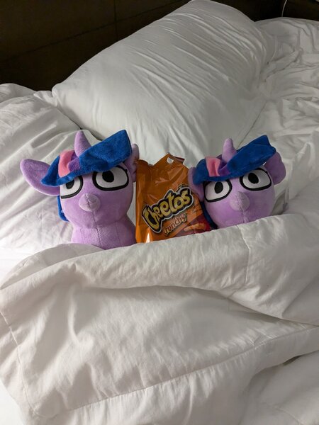 Size: 3024x4032 | Tagged: safe, artist:tjpones, derpibooru import, twilight sparkle, pony, unicorn, g4, bed, cheetos, duo, duo female, female, filly, filly twilight sparkle, foal, horn, image, irl, jpeg, on bed, photo, plushie, self paradox, self ponidox, squatpony, twiggie, unicorn twilight, younger