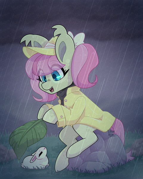 Size: 2000x2500 | Tagged: safe, artist:lionbun, derpibooru import, angel bunny, fluttershy, oc, oc:june breeze, earth pony, pony, rabbit, animal, baby bunny, child, cute, earth pony fluttershy, female, filly, foal, image, leaf, png, race swap, rain, rain coat, redesign, sitting, wholesome