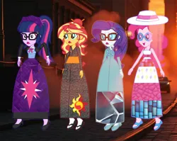 Size: 1344x1068 | Tagged: safe, artist:cartoonmasterv3, derpibooru import, pinkie pie, rarity, sunset shimmer, twilight sparkle, ghost, human, undead, equestria girls, g4, clothes, dress, haunted, image, japanese, kimono (clothing), long dress, long skirt, maid, moon runes, nerd, png, skirt, summer dress