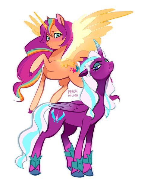 Size: 1998x2508 | Tagged: safe, artist:peachmichea, derpibooru import, sunny starscout, alicorn, earth pony, pony, g5, my little pony: a new generation, duo, duo female, female, floppy ears, image, jpeg, mare, nose in the air, opaline arcana, race swap, raised hoof, simple background, spread wings, sunnycorn, white background, wings