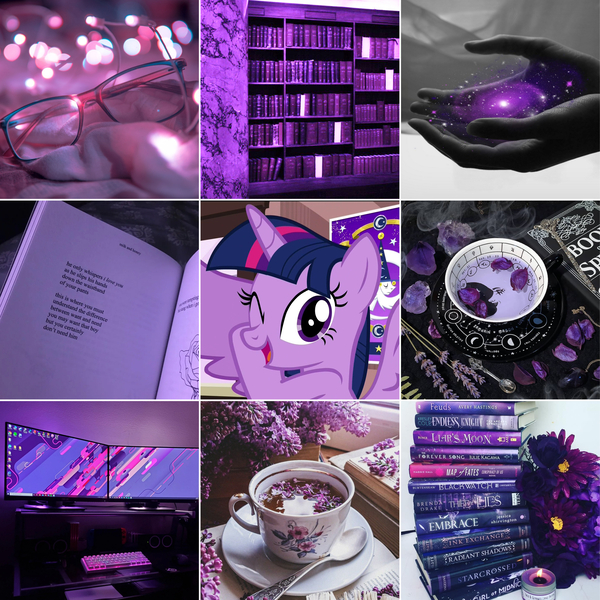 Size: 5306x5306 | Tagged: safe, derpibooru import, edit, edited screencap, screencap, twilight sparkle, twilight sparkle (alicorn), alicorn, pony, g4, aesthetics, blue mane, book, cup, dark background, dark magic, flower, glasses, image, jpeg, magic, moodboard, pc, purple background, purple eyes, simple background, solo, stars, teacup, the cosmos