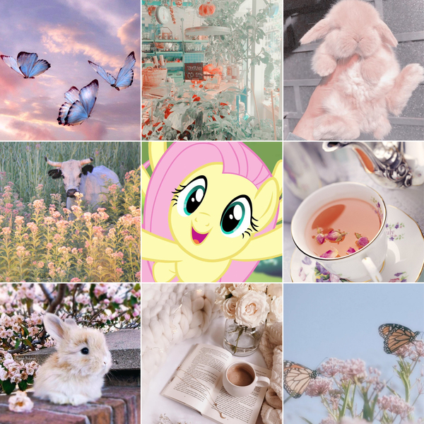 Size: 5306x5306 | Tagged: safe, derpibooru import, edit, edited screencap, screencap, fluttershy, butterfly, cow, insect, pegasus, pony, rabbit, g4, aesthetics, animal, book, bunnyshy, cherry blossoms, coffe, coffee, cup, cute, flower, flower blossom, food, green eyes, image, jpeg, meadow, moodboard, pink background, pink mane, saucer, shyabetes, simple background, sky, solo, tea, tea kettle, teacup