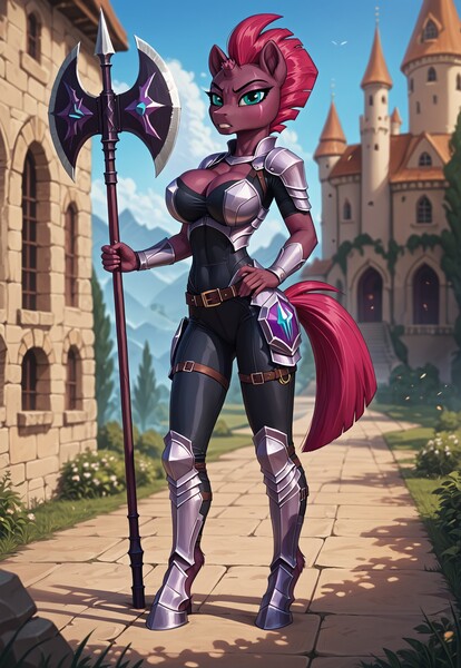 Size: 1280x1856 | Tagged: prompter needed, safe, ai content, derpibooru import, machine learning generated, tempest shadow, anthro, g4, my little pony: the movie, armor, axe, battle axe, belt, bodysuit, breasts, busty tempest shadow, castle, cleavage, greaves, hand on hip, horn, image, jpeg, leather straps, pauldron, tassets, tight clothing, vambrace, weapon