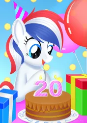 Size: 1240x1754 | Tagged: safe, artist:leonkay, derpibooru import, oc, oc:britannia (uk ponycon), pony, balloon, birthday cake, cake, female, food, image, jpeg, mare, present, solo