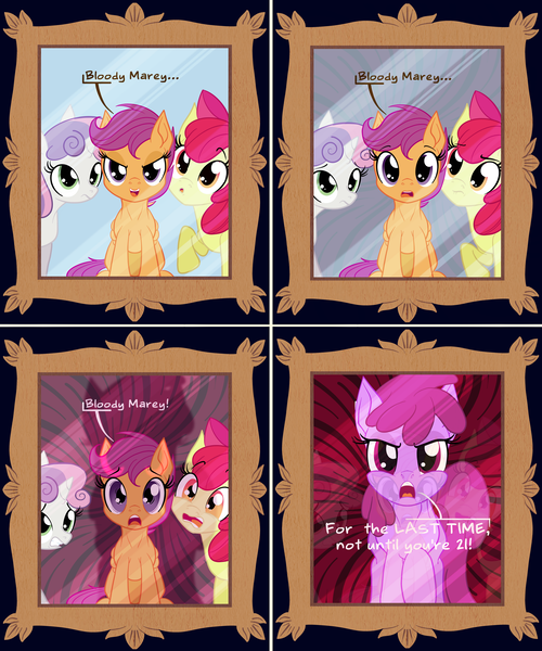 Size: 2000x2400 | Tagged: safe, artist:sixes&sevens, derpibooru import, apple bloom, berry punch, berryshine, scootaloo, sweetie belle, comic, cutie mark crusaders, image, mirror, png, scared