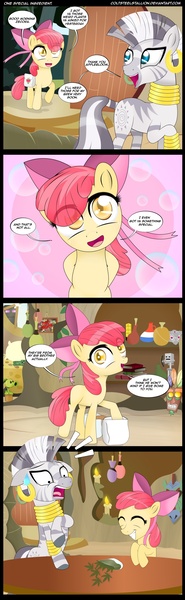 Size: 1000x3250 | Tagged: safe, artist:coltsteelstallion, derpibooru import, apple bloom, zecora, earth pony, pony, zebra, g4, 4 panel comic, apple bloom's bow, bow, comic, drugs, female, filly, foal, hair bow, hands behind back, image, implied big macintosh, implied drug use, jpeg, marijuana, zecora's hut