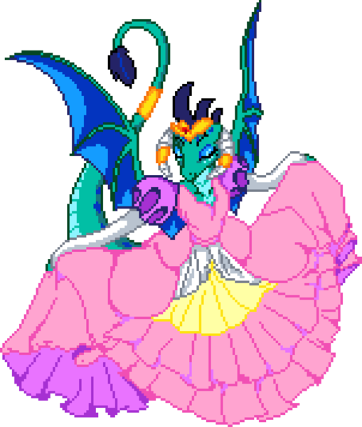 Size: 1057x1246 | Tagged: safe, artist:epicvon, derpibooru import, princess ember, dragon, g4, clothes, digital art, dress, eyes closed, female, image, manepxls, pixel art, png, pxls.space, simple background, solo, transparent background