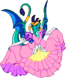 Size: 1057x1246 | Tagged: safe, artist:epicvon, derpibooru import, princess ember, dragon, g4, clothes, digital art, dress, eyes closed, female, image, manepxls, pixel art, png, pxls.space, simple background, solo, transparent background