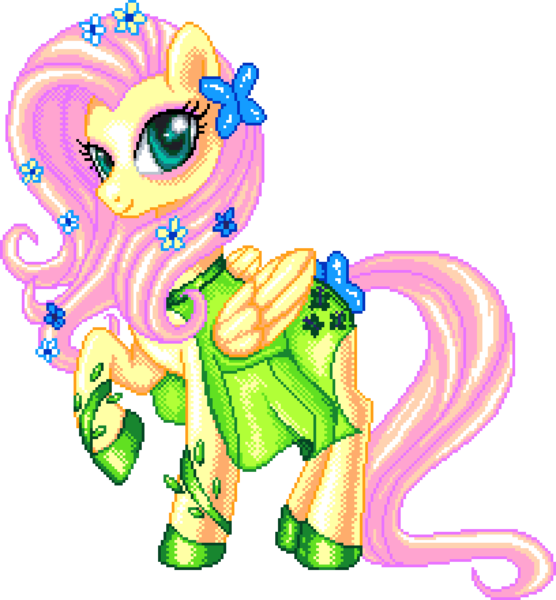 Size: 1020x1100 | Tagged: safe, artist:bapity88, artist:dasheroni, derpibooru import, fluttershy, pegasus, pony, g4, clothes, digital art, dress, female, image, manepxls, mare, pixel art, png, pxls.space, raised hoof, simple background, smiling, solo, transparent background