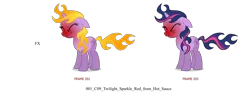 Size: 2400x972 | Tagged: safe, derpibooru import, official, twilight sparkle, pony, unicorn, g4, leak, eyes closed, female, fire, horn, image, mare, my little pony adventures, png, simple background, solo, spicy, transparent background, unicorn twilight