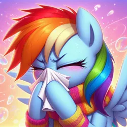 Size: 1024x1024 | Tagged: safe, ai content, derpibooru import, machine learning generated, prompter:heydude5321, rainbow dash, pegasus, pony, g4, clothes, female, generator:bing image creator, generator:dall-e 3, image, jpeg, mare, nose blowing, scarf, solo, tissue