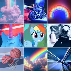 Size: 5306x5306 | Tagged: safe, derpibooru import, edit, edited screencap, screencap, rainbow dash, pegasus, pony, g4, aesthetics, basketball, cool, driving, guitar, headphones, image, jpeg, moodboard, motorcycle, multicolored hair, musical instrument, pink eyes, rainbow, rainbow background, rainbow hair, rock, sky, solo, sports