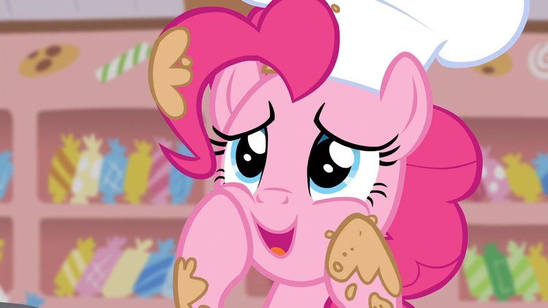 Size: 1920x1080 | Tagged: safe, derpibooru import, screencap, pinkie pie, earth pony, pony, g4, season 5, the lost treasure of griffonstone, batter, chef, chef's hat, female, food, hat, hooves on face, image, indoors, kitchen, mare, png, solo, sugarcube corner