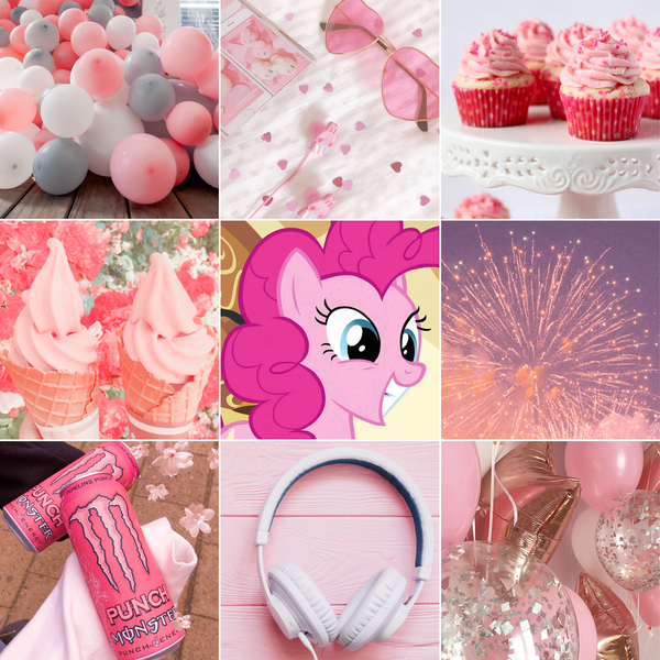 Size: 5306x5306 | Tagged: safe, derpibooru import, edit, edited screencap, screencap, pinkie pie, earth pony, pony, g4, aesthetics, balloon, blue eyes, cake, cupcake, cute, drink, energy drink, fireworks, food, glasses, headphones, ice cream, image, jpeg, monster energy, moodboard, pink background, pink mane, simple background, solo