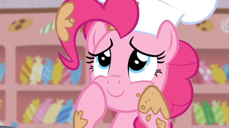 Size: 1920x1080 | Tagged: safe, derpibooru import, screencap, pinkie pie, earth pony, pony, g4, season 5, the lost treasure of griffonstone, batter, chef, chef's hat, female, food, hat, hooves on face, image, indoors, kitchen, mare, png, solo, sugarcube corner