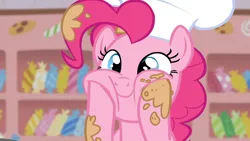 Size: 1920x1080 | Tagged: safe, derpibooru import, screencap, pinkie pie, earth pony, pony, g4, season 5, the lost treasure of griffonstone, batter, chef, chef's hat, female, food, hat, hooves on face, image, indoors, kitchen, mare, pillarboxing, png, solo, squishy cheeks, sugarcube corner