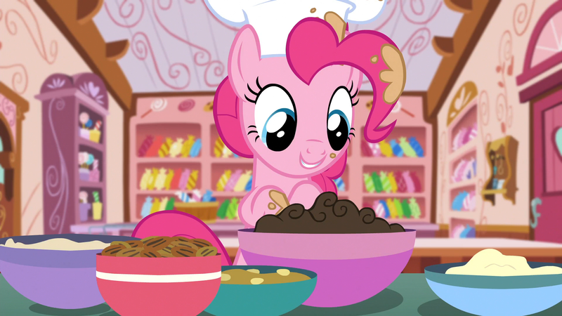 Size: 1920x1080 | Tagged: safe, derpibooru import, screencap, pinkie pie, pony, g4, the lost treasure of griffonstone, batter, bowl, chef's hat, food, hat, image, kitchen, png, solo, sugarcube corner