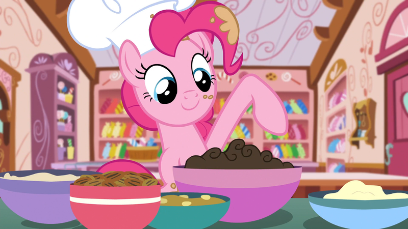 Size: 1920x1080 | Tagged: safe, derpibooru import, screencap, pinkie pie, pony, g4, the lost treasure of griffonstone, batter, bowl, chef's hat, food, hat, image, kitchen, png, solo, sugarcube corner