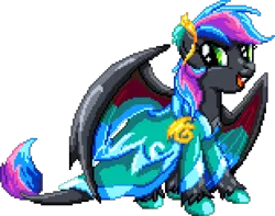 Size: 1085x854 | Tagged: safe, artist:dragonm97, derpibooru import, oc, oc:night flare, unofficial characters only, dracony, dragon, hybrid, clothes, digital art, dress, female, image, manepxls, open mouth, pixel art, png, pxls.space, simple background, smiling, solo, transparent background