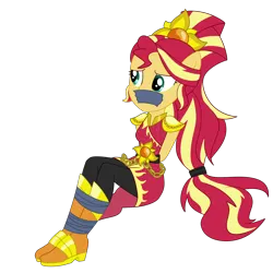 Size: 3000x3000 | Tagged: safe, artist:nie-martw-sie-o-mnie, derpibooru import, sunset shimmer, human, equestria girls, g4, bondage, bound and gagged, crystal guardian, female, femsub, gag, image, my little pony equestria girls: legend of everfree, png, simple background, sitting, solo, submissive, subset, tape, tape bondage, tape gag, transparent background